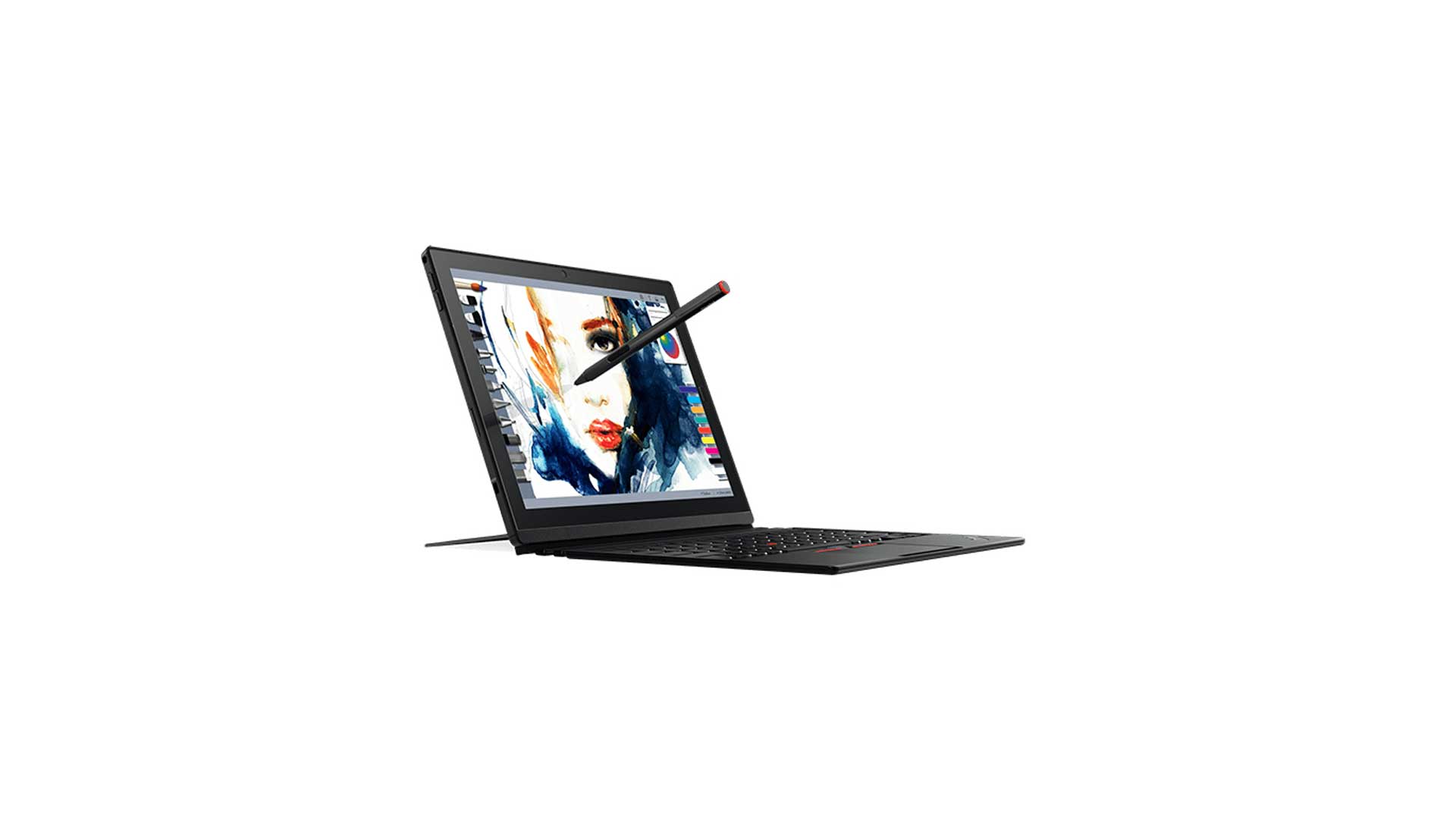 Bildmontage, die ein Lenovo ThinkPad X1 Tablet Gen2 Core i5 zeigt. Auf dem Monitor ist die Zeichnung eines Gesichts erkennbar.